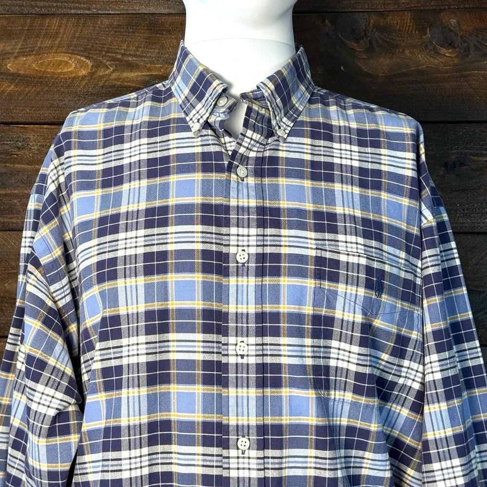 Polo Ralph‎ Lauren BIG Shirt Men Lg Blue Plaid Cotton Button Down Oxford Shirt